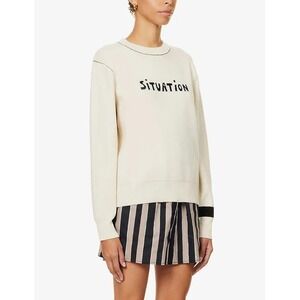 BELLA FREUD Situation Cream Text-Print Wool And Cotton-Blend Jumper Sweater Sz L